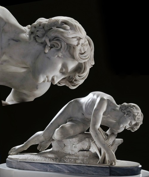 hadrian6: Narcissus. 1868. Ernest Eugene Hiolle. French 1834-1886. marble.        Museum of Fine Arts, Valenciennes France.  collage by Hadrian6. http://hadrian6.tumblr.com