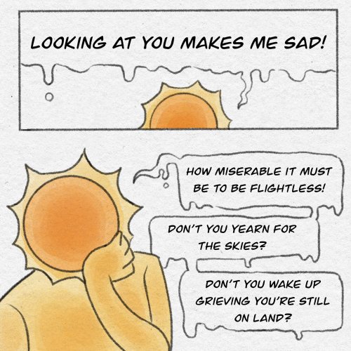 steadfastpetrel:the sun mourns in vain for the white-throated rail: a comic about disability and the unwanted able-bodied grief for past selves.  (click below for the image description!) Keep reading