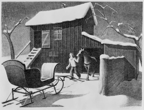heaveninawildflower:‘December Afternoon’ (1940).Lithograph by Grant Wood (American, 1891–1942).Image
