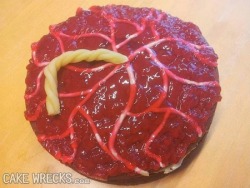 cranquis:  A cake that (reeeeeally) looks like a placenta. Terrifying, no? IT GETS WORSE — the umbilical cord appears to only have two vessels, which implies an increased risk of birth defects for the cake-baby. This cake-artist is a master of horror.