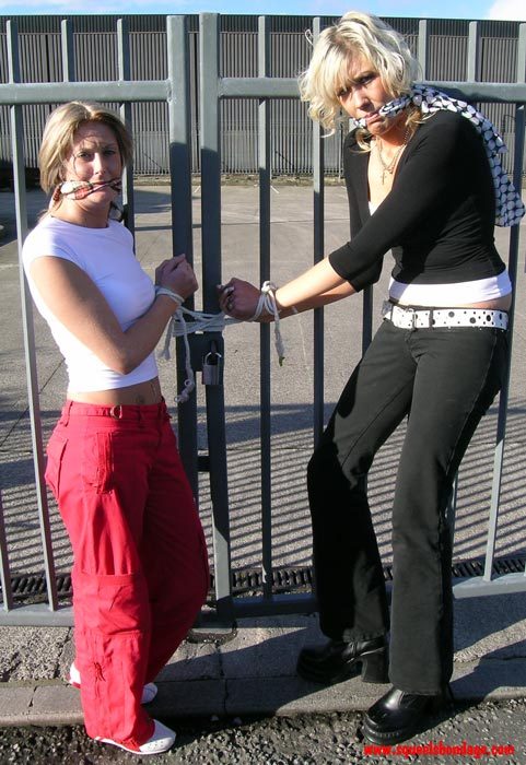 xlerstville:  graybandanna:  Busy agenda for the day: Bound and gagged in the back of a car Tied to a fence, gag removed Joined by another girl, gagged again Re-tied to fence and blindfolded with same scarves used for gags  Quite the agenda!