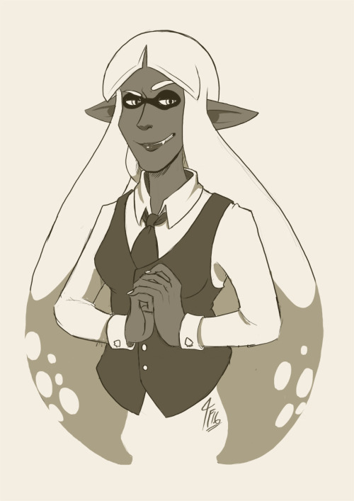 cafe-cardamari:  Bonus drawing from my stream. We talked a lot about my squids in fancy suits and I decided to draw Bella in one.  