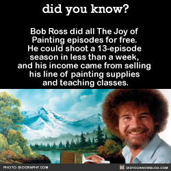 did-you-kno:  Bob Ross did all The Joy of Painting episodes for free. He could shoot a 13-episode season in less than a week, and his income came from selling his line of painting supplies and teaching classes.  Source