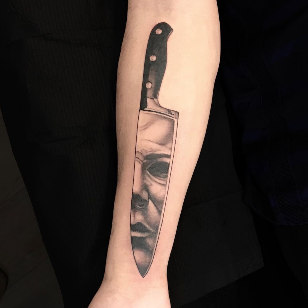 North Star Tattoo  By Tom brydon Michael Myers knife for Alex today  contact for booking and quotes thomasbrydonmecom startofsleeve  amazingtattoo northstartattoo northstartattoostudio tattooistharrogate  harrogate harrogatenorthyorkshire 