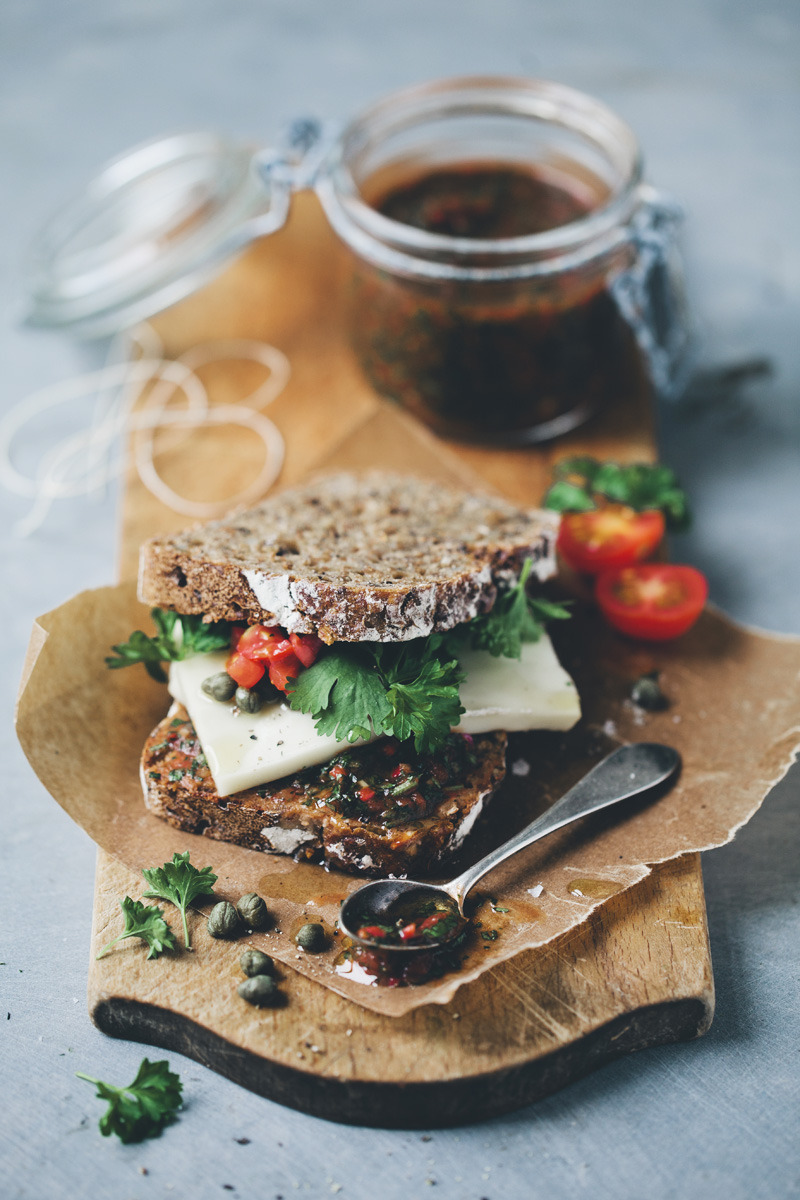    pebre and taleggio rye sandwich. 