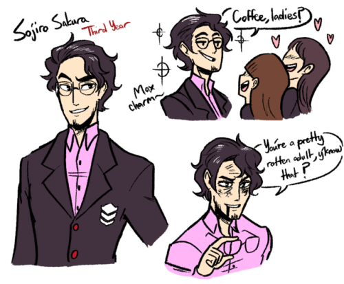 scruffyturtles:   I’ve been thinking about doing this AU for a while now and I finally doodled some stuff out. It’s a Confidant Adults AU where the adults are the main protags in college/hs!  Sojiro’s a third year in Shujin Academy while under