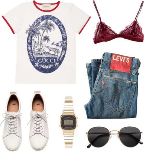 Untitled #23691 by florencia95 featuring h&amp;m shoes ❤ liked on PolyvoreGucci print shirt / Levi&r