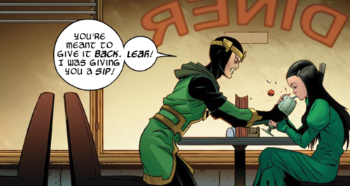 mistress-of-mysteries:Kid!Loki and Leah “share” a milkshake