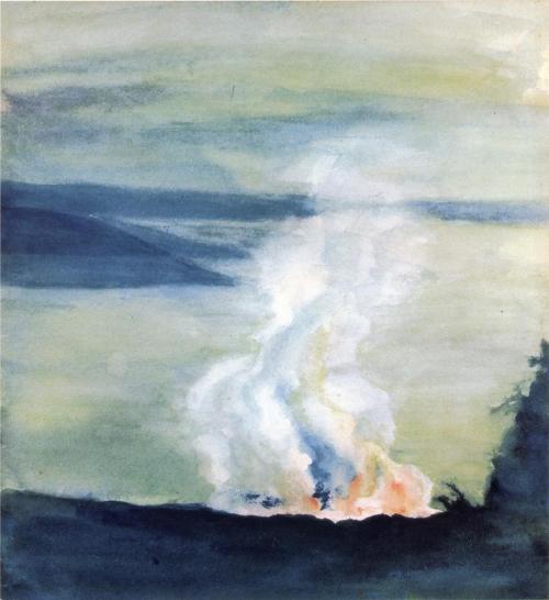 John La Farge - Crater of Kilauea and Dana Lake in Twilight, 1890. Watercolour.