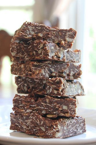 :  Chocolate Oatmeal No Bake Bars 1 cup peanut butter 1/2 cup honey ½ cup coconut oil (you could also substitute butter) 2 cups old fashioned oats 1 cup shredded coconut ½ cup chopped nuts, raisins, or dried cranberries 1 1/4 cups dark