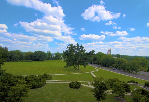 Bryn Athyn College and Bryn Athyn Cathedral, seen from the third-floor balcony of Glencairn Museum.