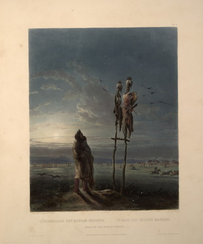 karl-bodmer: Idols of the Mandan Indians, plate 25 from volume 2 of `Travels in the Interior of Nort
