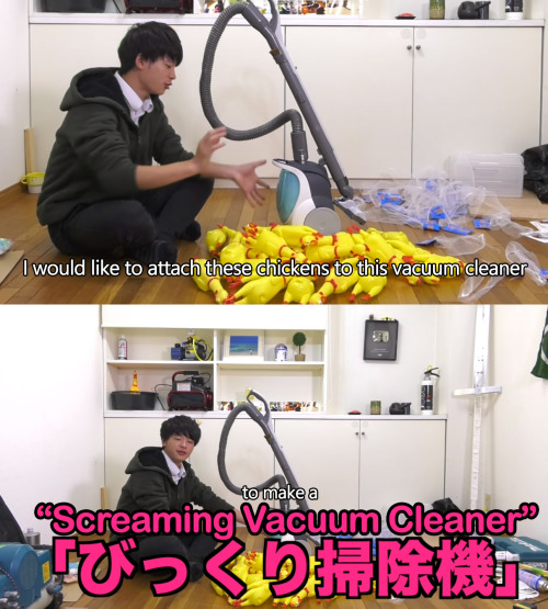 randomitemdrop:  thehotgirlproject:  chocolatado:  the rubber chicken vacuum cleaner  This video is incredible please watch it I highly recommend it  Item: Screaming Vacuum Cleaner. You know how eldritch abominations always have names that can’t be