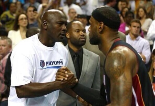 hoops-loop:  The greatest of all time and the current King of the court share a moment after Miami’s 109-98 victory over the Bobcats. It doesn’t get much better than this; classy!