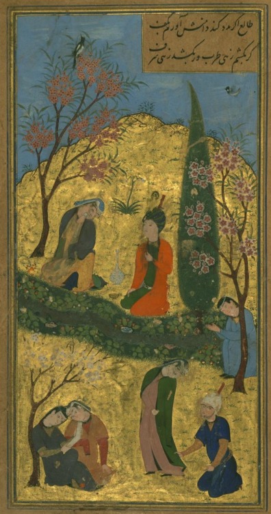 brassmanticore:On this folio from a Safavid divan of Hafiz, a couple sits near a brook in the compan