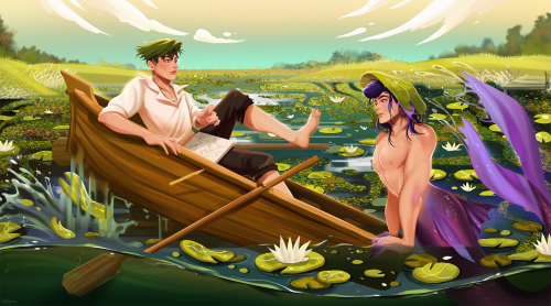 kyoufroggo:Curious merman Josuke in lily lake. 