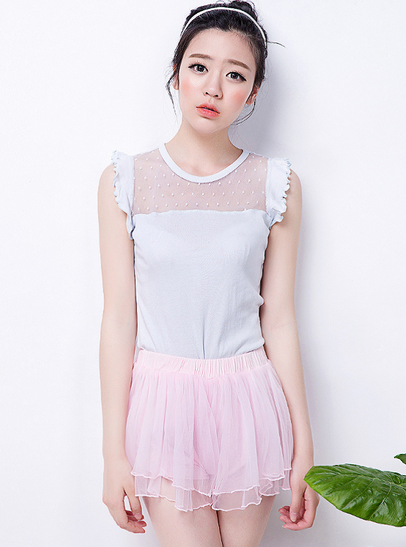 asianicandy: Super cute sleeveless top with ruffled shoulders, polka dotted sheer layer at chest add