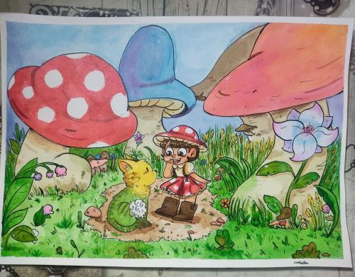 A little meeting A4, watercolor ink + acrylic ink . . #dandelion #lion #mushrooms #cute #fantasy #co