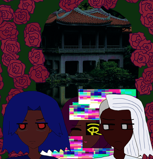 the triplets are in front of a real photo of a garden pagoda cast in a very eerie light actually taken in shinjuku gyoen national garden and gotten thru stock photo. antonio's frowning and not getting any sleep with red eyes irritated and brows drawn. he has blue hair like waves. behind him is a strange fernando who is glitching and smiling but has the eye of horus in gold in front of his left eye. raj is frowning as he stares at antonio next to him with dark brown skin and falling silver hair that's flipped. gray-purple roses fall everywhere behind them with a mimicked dark green rose arch similar to armando and ranvir's in their older age rose arch art.