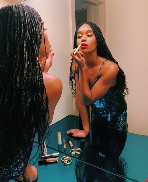 Laura Harrier getting ready for the BLACKKKLANSMAN premiere