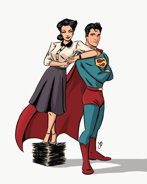 karenhealey:thehappysorceress:Lois and Clark by John BlackStanding on the stack of her Pulitzer-winn