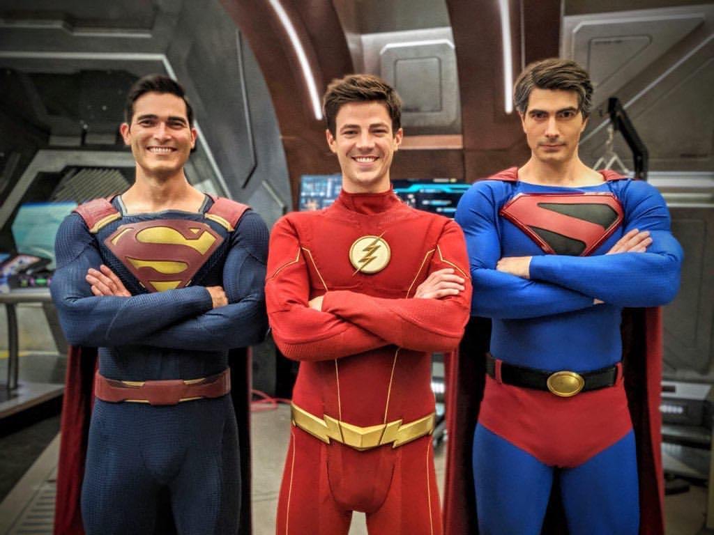 Grant Gustin with Tyler Hoechlin and Brandon Routh behind the scenes of  “Crisis on Infinite Earths” – @fyeahgrantgust on Tumblr
