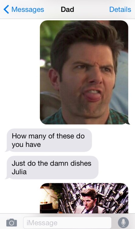 juliawiinchester:I’ve decided I’m only going to answer my dads texts with pictures of Ben Wyatt