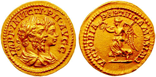ancientcoins:Septimius Severus &amp; Caracalla AV Aureus. 201-202 AD. IMPP INVICTI PII AVGG, jug