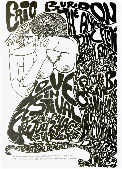 savetheflower-1967: Concert poster for “Love-In Festival” in London with Eric Burdon, Pink Floyd, Br