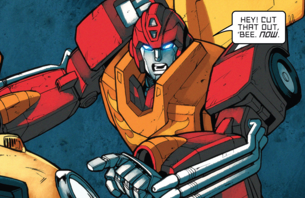 a screenshot of the character hot rod from transformers pointing to someone off panel and saying 'hey! cut that out. 'bee. now.