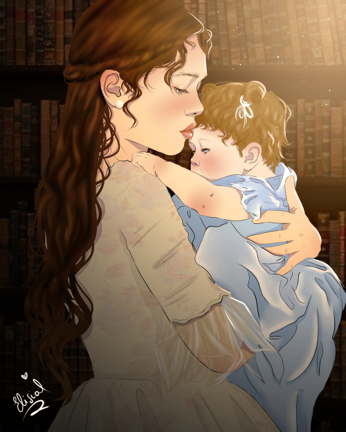 Tessa walking baby Lucie inside the library to calm her down, humming tunes she heard Jem play and r