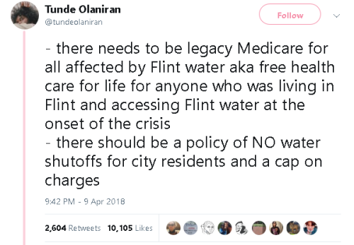 actuallyhashtag: geekandmisandry: gahdamnpunk: Flint. Still. Has. No. Clean. Water. Human rights vio