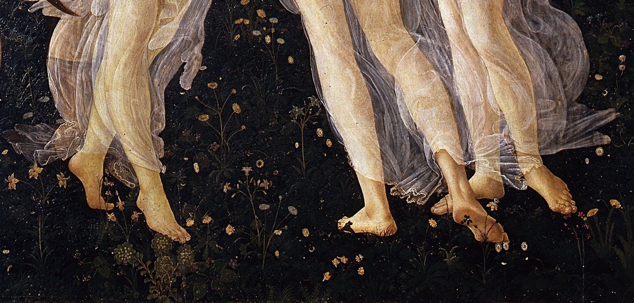 artessenziale:Sandro Botticelli, Primavera (1482 ca.) detail of the Three Graces