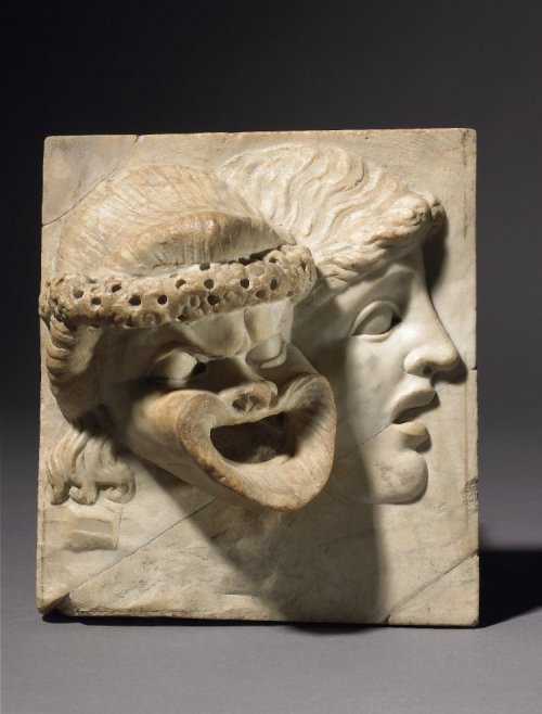 theancientwayoflife:~ Marble relief with two theatre masks. Date: A.D. 100 - 199 Culture: Roman Mate