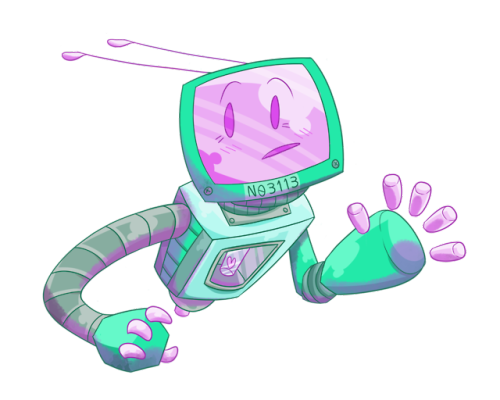 adventuresloane:sheepishspirits:My robo wife[ID: A drawing of No3113, a teal and pink robot. Her bod