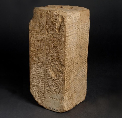 Sumerian King List (c. 1800 BC), probably found at Larsa.This clay prism (20 x 9cm) is inscribed on 