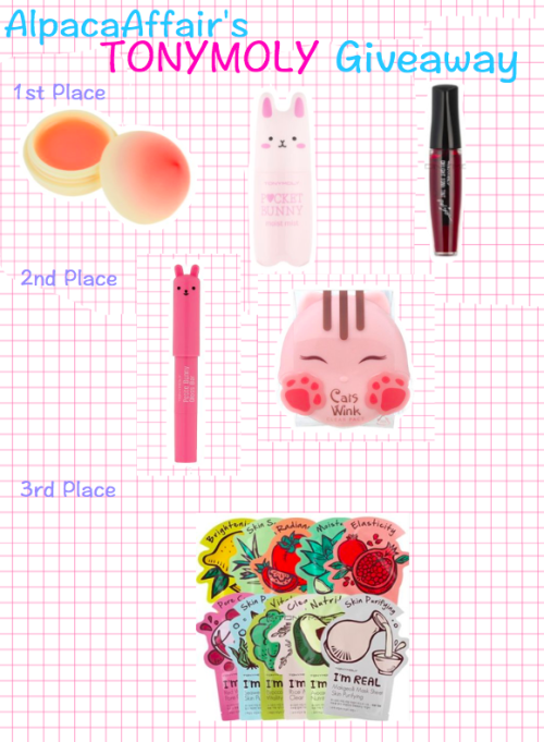 alpacaaffair:  AlpacaAffair’s TonyMoly Giveaway ! 1st place: ♡ mini peach lip balm ♡ pocket bunny moist mist ♡ cherry pink lip tint 2nd place (if it hits 500 notes): ♡ petite bunny gloss bar ♡ cat wink clear pact (light beige) 3rd place (if