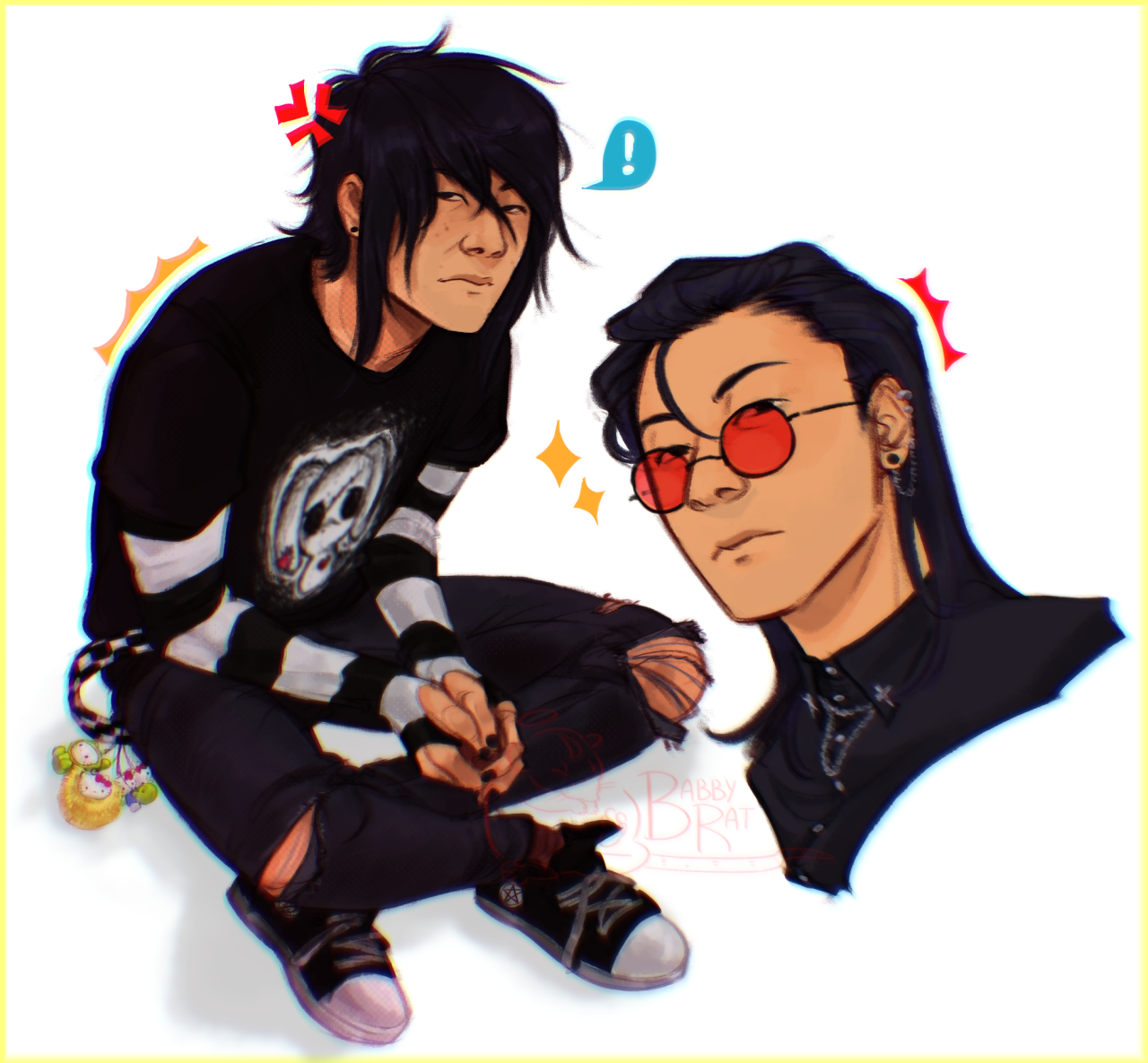 Drawing of the same character on a white backward. First pose (left) is of an emo boy wearing a black tshirt with a rabbit recal on it over a long sleeved, black and white stripped shirt and black ripped jeans. He has a black and white checkered belt and hello kitty phone charms coming out of his pants pocket. The second pose (right) is a headshot of an older version of the same character with longer, slicked back black hair, round glasses with red lenses, and a black button up shirt with silver buttons. His expression in both images is annoyed. There are colourful shapes around them.