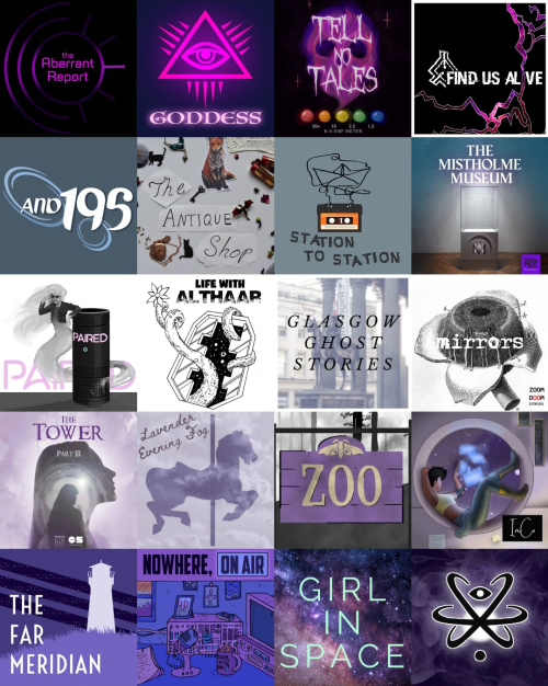 An asexual flag made of podcast cover art. Four wide, five tall. 