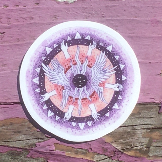 a pink and purple vinyl sticker featuring hands and wings