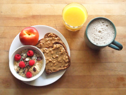 garden-of-vegan:  peach-mango dessert tofu topped with qi’a cereal and raspberries, a nectarine, sprouted grain toast with crunchy peanut butter, and coffee with soy