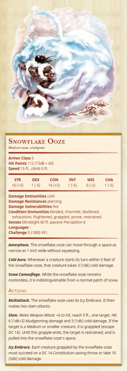 Snowflake OozeMedium ooze, unalignedArmor Class 5Hit Points 112 (15d8 + 45)Speed 15 ft., climb 5 ft.