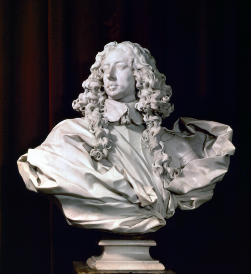 ganymedesrocks:  Gian Lorenzo Bernini’s marble bust of the Duke of Modena Francesco I d’Este is a Baroque masterpiece.  Completed in 1652, the noble yet detached expression of the face, the extensive drapery and the lavish locks of hair are often