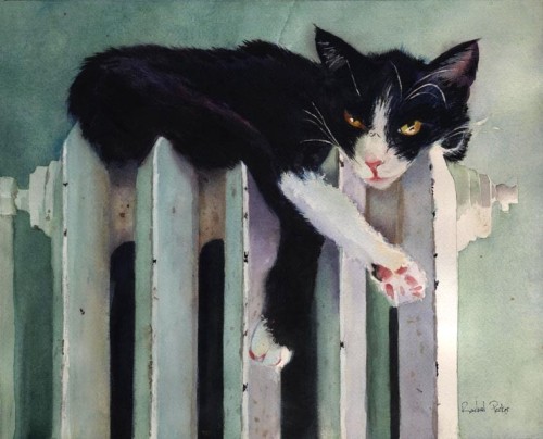 Rachel Parker (American, b. Columbia, SC, USA) - Tuxedo Cat on Heater, Paintings: Watercolors