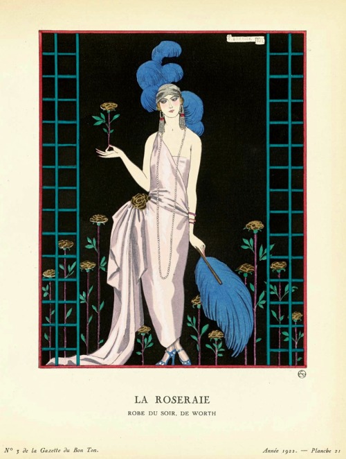 “La Roseraie”Robe du soir, de Worth.La Gazette du Bon Ton,Volume 1, No 3, Avril 1922.Art by George B