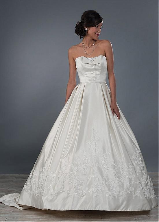 Charming Satin Strapless Neckline A-line Wedding Dresses with Lace Appliques