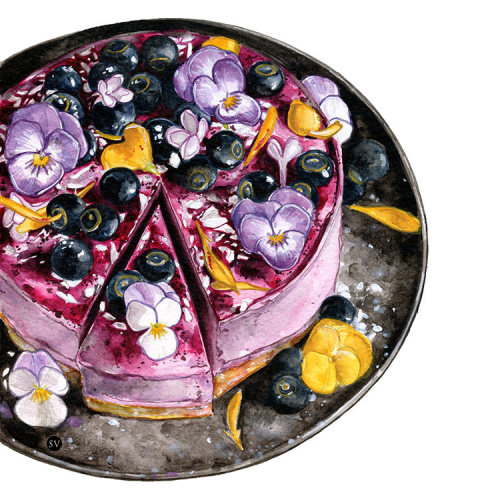 Food watercolors illustrations + process shots : 1. Blueberry Lemon Cheesecake - a recipe by Linda L