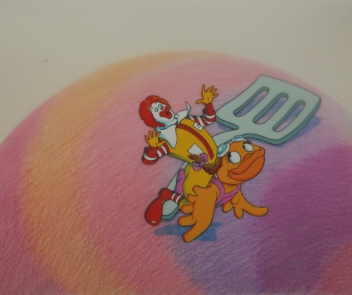 ‪Production art from a 1980s McDonald’s commercial, showing Ronald McDonald and Birdie the Early Bir