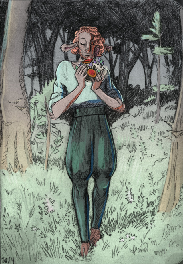 A digitally coloured grey pencil drawing of Caduceus Clay from Critical Role. Caduceus slowly strolls through a lush forest clearing he holds a skull covered in brightly coloured mushrooms up around the height of his chest. He has his eyes closed and he wears a peaceful smile.