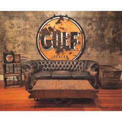 this-old-stomping-ground:  After hours pickin. Just snagged this killer Gulf Dealer sign with the original bracket. It looks so good on that wall, we might have to keep her. 